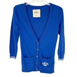 Vintage Y2K Hollister Button Front Embroidered Academia Cardigan Blue/White Sz M